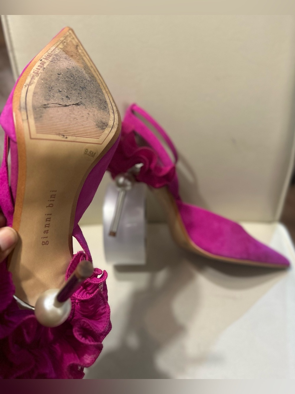 Gianni Bini Hot Pink Faux Suede Ruffle Ankle-Strap Pumps | Size:9.5 - Picture 5 of 5